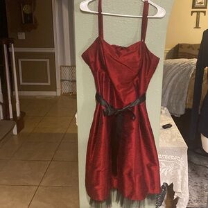 Cicada Red Silk Dress With Black Belt and Netting at Hem Straps Button Size L